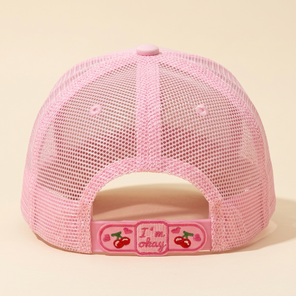 Back view of pink Curbs N Kisses trucker hat showing cherry bandage patch on a cream background