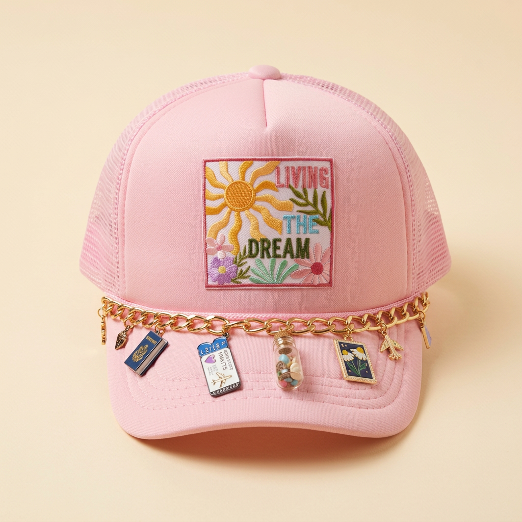 Pink Living My Dream trucker hat with embroidered sun and floral patch and gold travel charm chain on a cream background