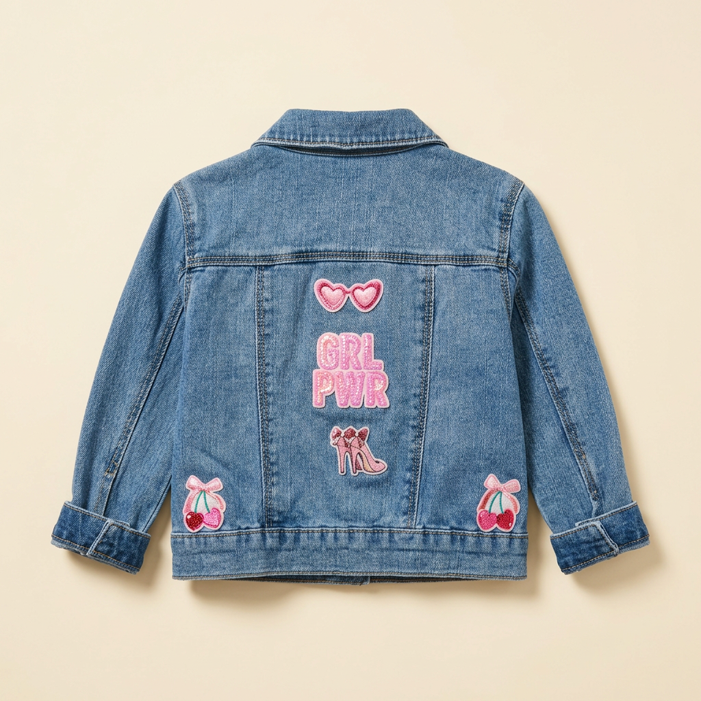 Back view of Little Miss Girl Power denim jacket with pink GRL PWR lettering, sunglasses, heels and cherry patches on a cream background