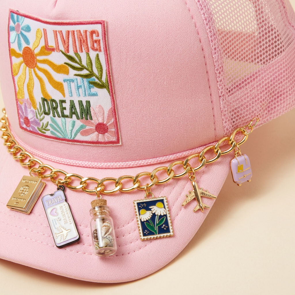 Angled detail view of Living My Dream pink trucker hat and gold travel charm chain on a cream background