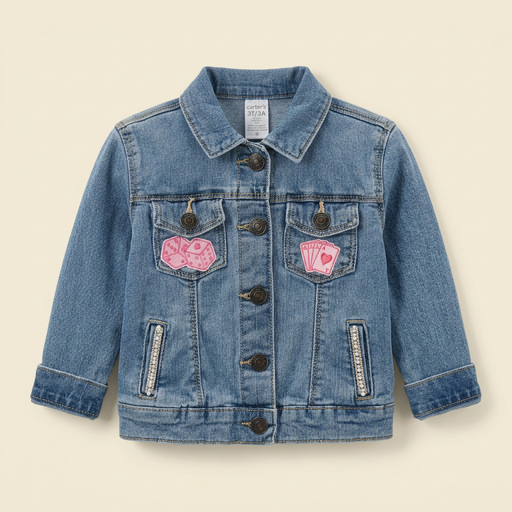 Front view of Little Miss Girl Power blue denim jacket with pink patches and sparkling pocket details on a cream background