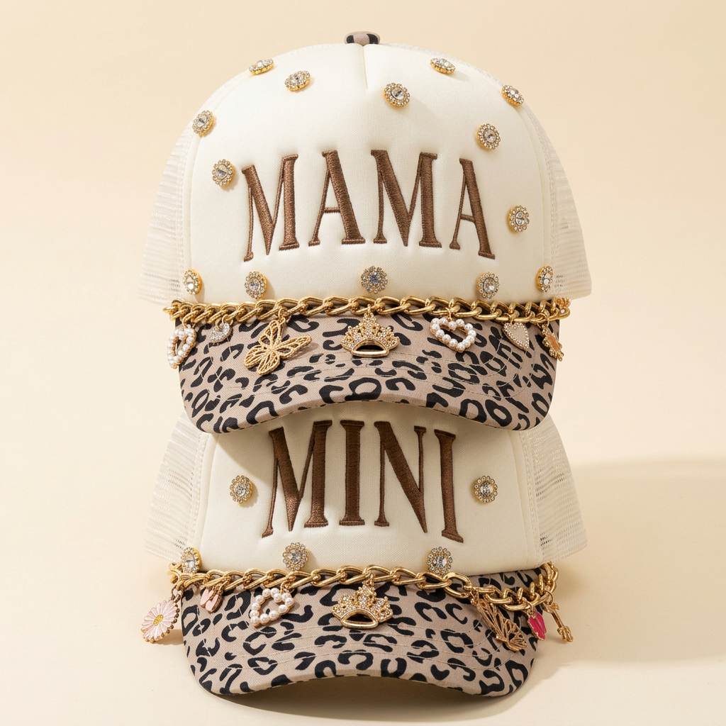 Crowned Together matching Mama and Mini hats with leopard-print brims and gold charms on a cream background