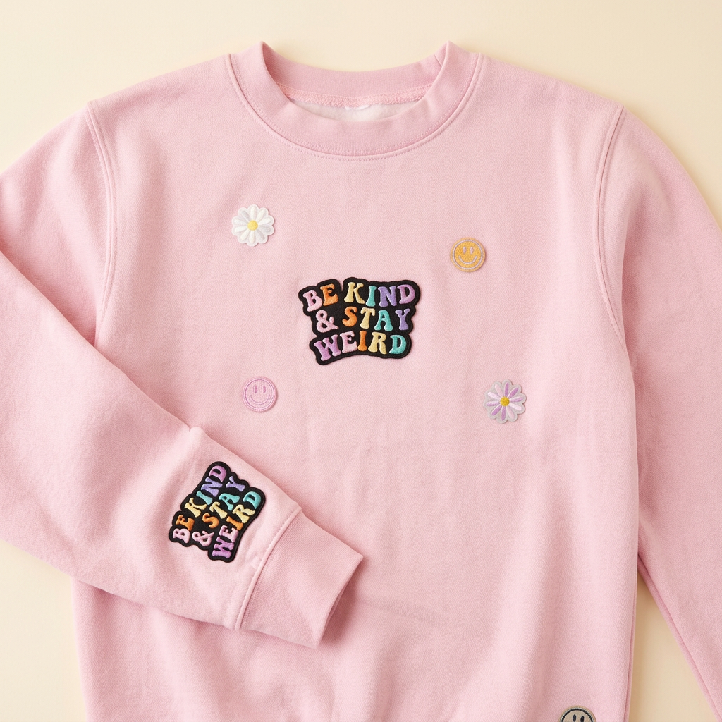 Pink Kind N Quirky sweatshirt with embroidered patches against a warm cream background